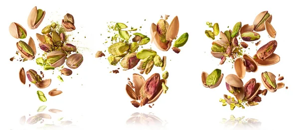 Set Flying Air Fresh Raw Whole Cracked Pistachios Isolated White — Stock Photo, Image