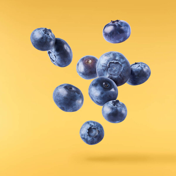 Fresh raw blueberries falling in the air isolated on the yellow background. Food levitation concept. High resokution image