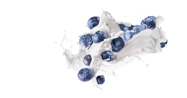 Fresh Bluebrry Falls Milk Yogurt Isolated White Background Splashing Milk — Stock Photo, Image