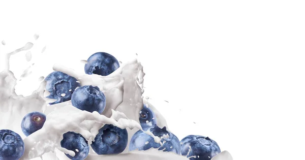 Fresh Bluebrry Falls Milk Yogurt Isolated White Background Splashing Milk — Stock Photo, Image
