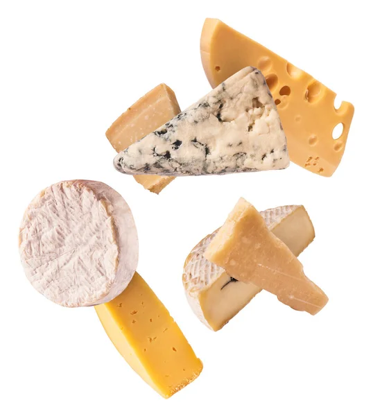 新鮮なおいしいチーズの様々なタイプは 白い背景に隔離された空気中に落ちます 食品の浮遊概念 高品質の画像 — ストック写真