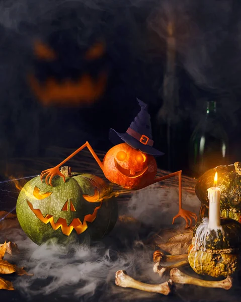 Halloween background. Spooky pumpkin glow in the dark. Halloween design with copyspace