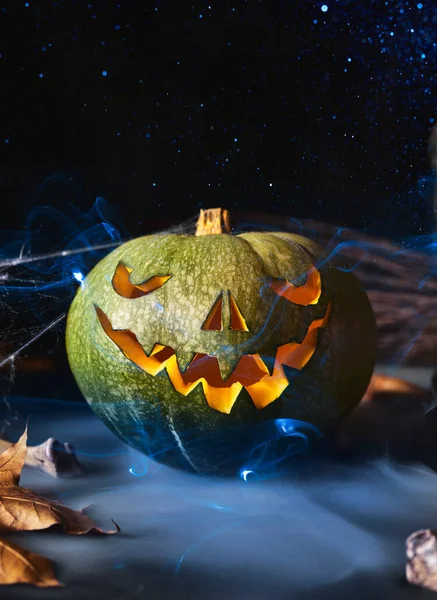 Halloween Háttér Kísérteties Sütőtök Világít Sötétben Halloween Design Copyspace Sel — Stock Fotó