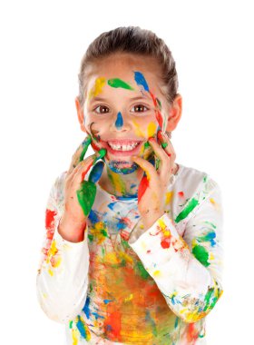 Beyaz arka plan üzerinde izole boya kız el ve yüz ile kaplı