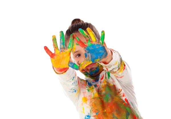 Menina Engraçada Com Mãos Rosto Coberto Com Tinta Isolada Fundo — Fotografia de Stock
