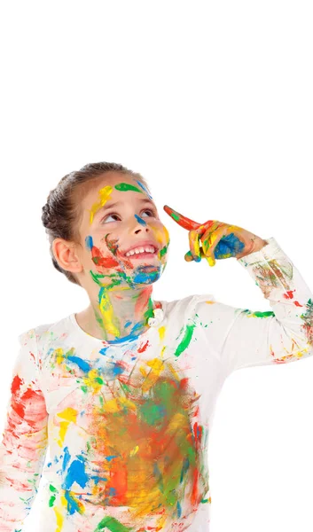 Menina Engraçada Com Mão Roupas Rosto Coberto Com Pintura Pensando — Fotografia de Stock