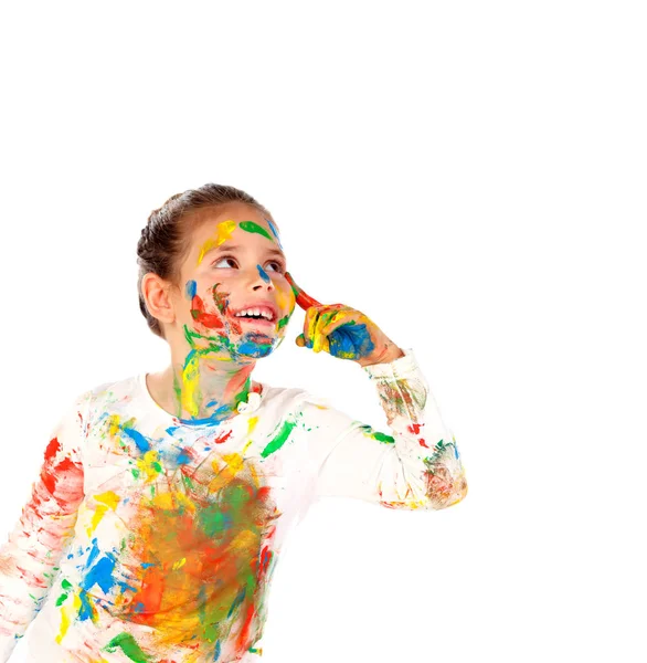 Zabawna Dziewczyna Ręki Ubrania Twarz Pokryta Farbą Myślenie Czymś Białym — Zdjęcie stockowe