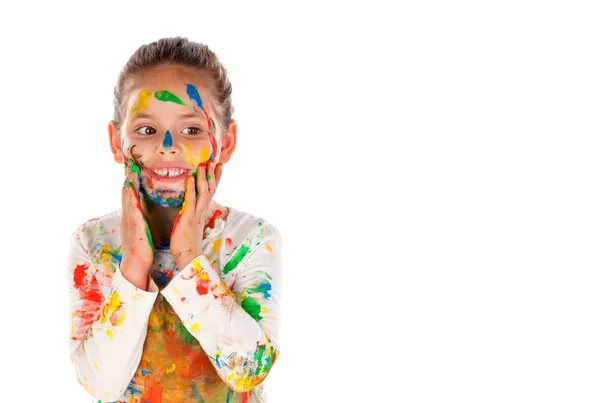 Lustige Mädchen Mit Händen Und Gesicht Mit Farbe Isoliert Auf — Stockfoto