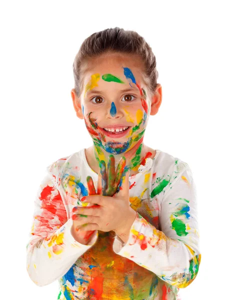 Lustige Mädchen Mit Händen Und Gesicht Mit Farbe Isoliert Auf — Stockfoto