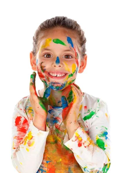 Grappig Meisje Met Handen Gezicht Bedekt Met Verf Geïsoleerd Witte — Stockfoto