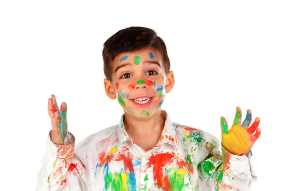 Divertido Niño Con Cara Las Manos Cubiertas Pintura Aislado Sobre —  Fotos de Stock