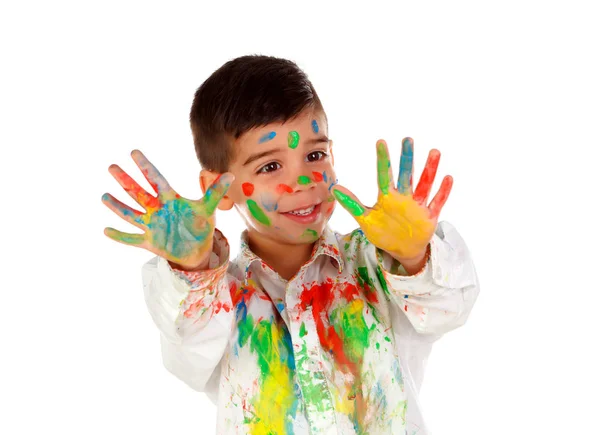 滑稽的小男孩用面孔和手被画覆盖 被隔绝在白色背景上 — 图库照片