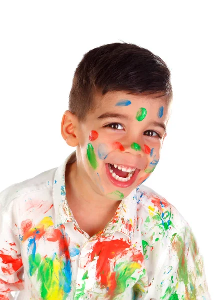 Rolig Liten Pojke Med Ansikte Täckt Med Färg Isolerad Vit — Stockfoto