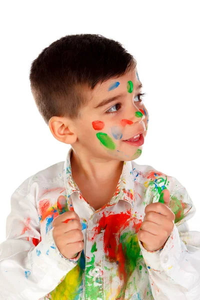 Lustiger Kleiner Junge Mit Gesicht Und Händen Mit Farbe Bedeckt — Stockfoto