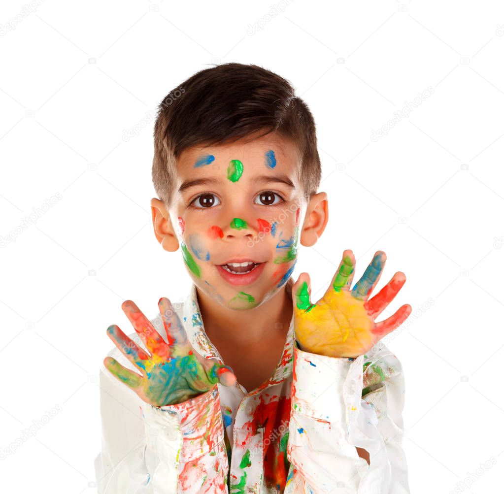 funny little boy with face and hands covered with paint, isolated on white background