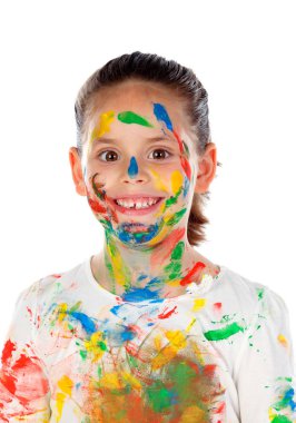 Beyaz arka plan üzerinde izole boya ile kaplı yüz ile kız