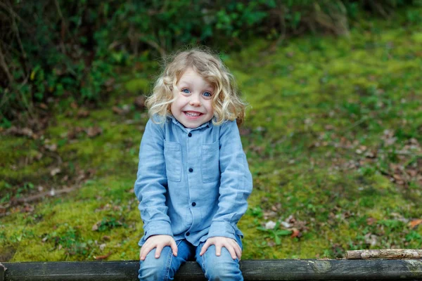 Happy Little Boy Long Blond Hair Having Fun Outdoor — Stock Photo, Image