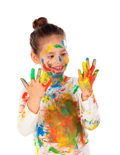 Beyaz arka plan üzerinde izole boya kız el ve yüz ile kaplı