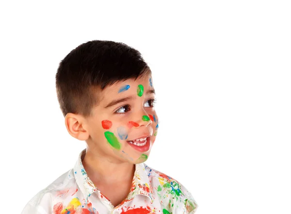 Αστεία Μικρό Αγόρι Πρόσωπό Καλυμμένο Μπογιά Απομονώνονται Λευκό Φόντο — Φωτογραφία Αρχείου