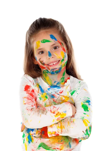 在白色背景上被隔绝的油漆面孔的滑稽的女孩 — 图库照片