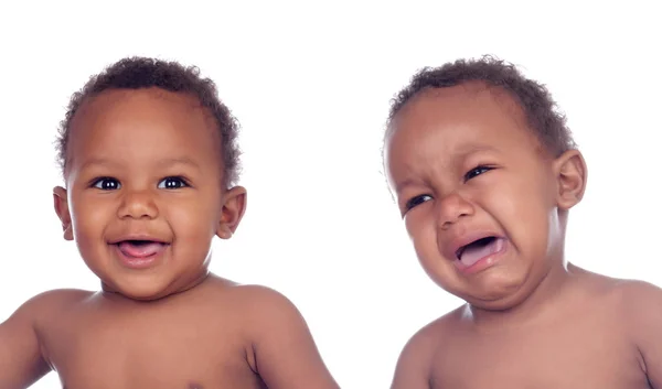 Bebê Africano Feliz Triste Isolado Fundo Branco — Fotografia de Stock