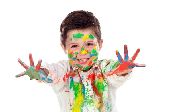 Legrační Malý Chlapec Tváří Oblečení Pokrytý Barvou Ukazuje Rukou Izolované — Stock fotografie