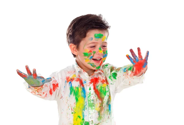 Смешной Маленький Мальчик Лицом Одеждой Покрытой Краской Показывая Руки Изолированные — стоковое фото