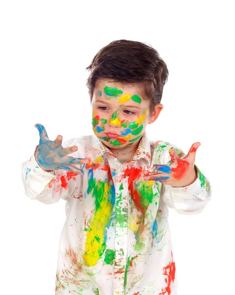 Lustige Kleine Junge Mit Gesicht Und Kleidung Mit Farbe Bedeckt — Stockfoto