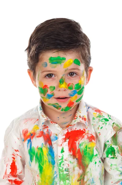 Lustige Kleine Junge Mit Gesicht Und Kleidung Mit Farbe Bedeckt — Stockfoto