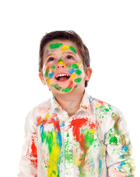 Zabawny Mały Chłopiec Twarzy Ubrania Pokryte Farbą Izolowana Białym Tle — Zdjęcie stockowe