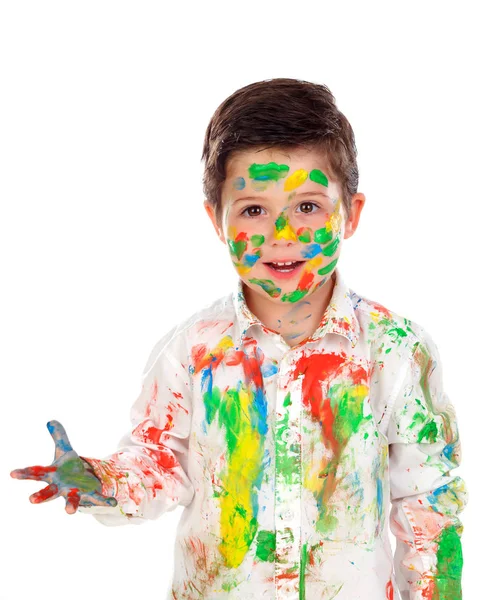 Zabawny Mały Chłopiec Twarzy Ubrania Pokryte Farbą Układ Izolowana Białym — Zdjęcie stockowe