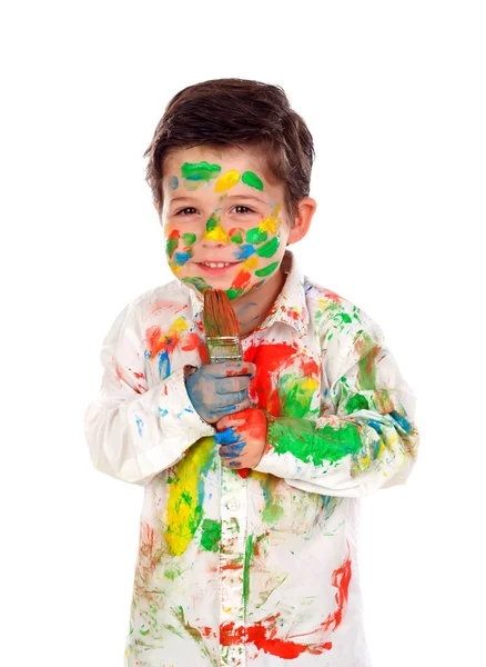 Zabawny Chłopak Twarzy Dłoni Pokryte Farba Trzyma Pędzel Izolowana Białym — Zdjęcie stockowe