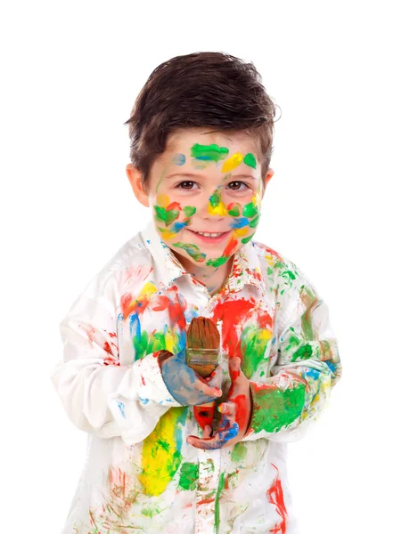 Grappige Jongen Met Gezicht Handen Bedekt Met Verf Kwast Geïsoleerd — Stockfoto