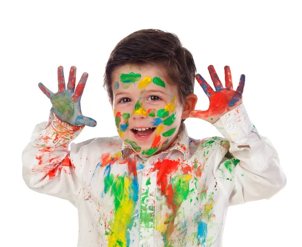 Legrační Malý Chlapec Tváří Rukama Pokrytý Barvou Izolované Bílém Pozadí — Stock fotografie