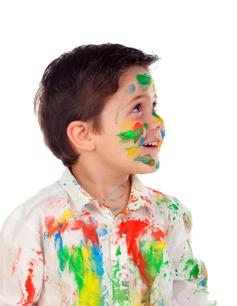 Legrační Malý Chlapec Tváří Pokrytý Barvou Izolované Bílém Pozadí — Stock fotografie