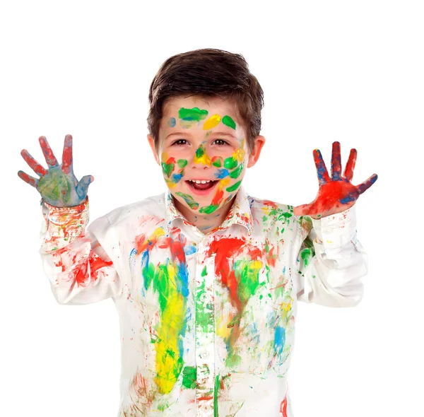 Lustiger Kleiner Junge Mit Gesicht Und Händen Mit Farbe Bedeckt — Stockfoto