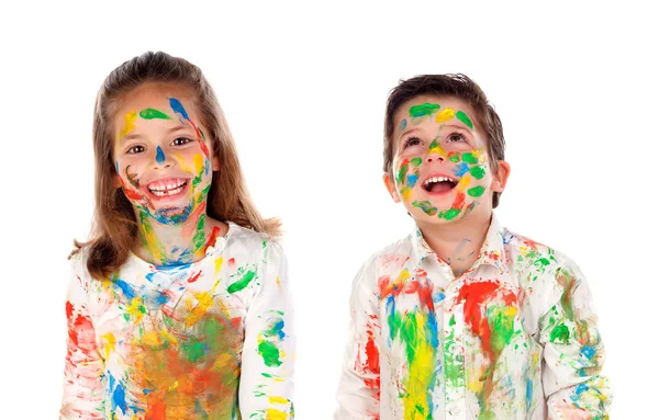 Niños Felices Con Pintura Colorida Aislada Sobre Fondo Blanco — Foto de Stock