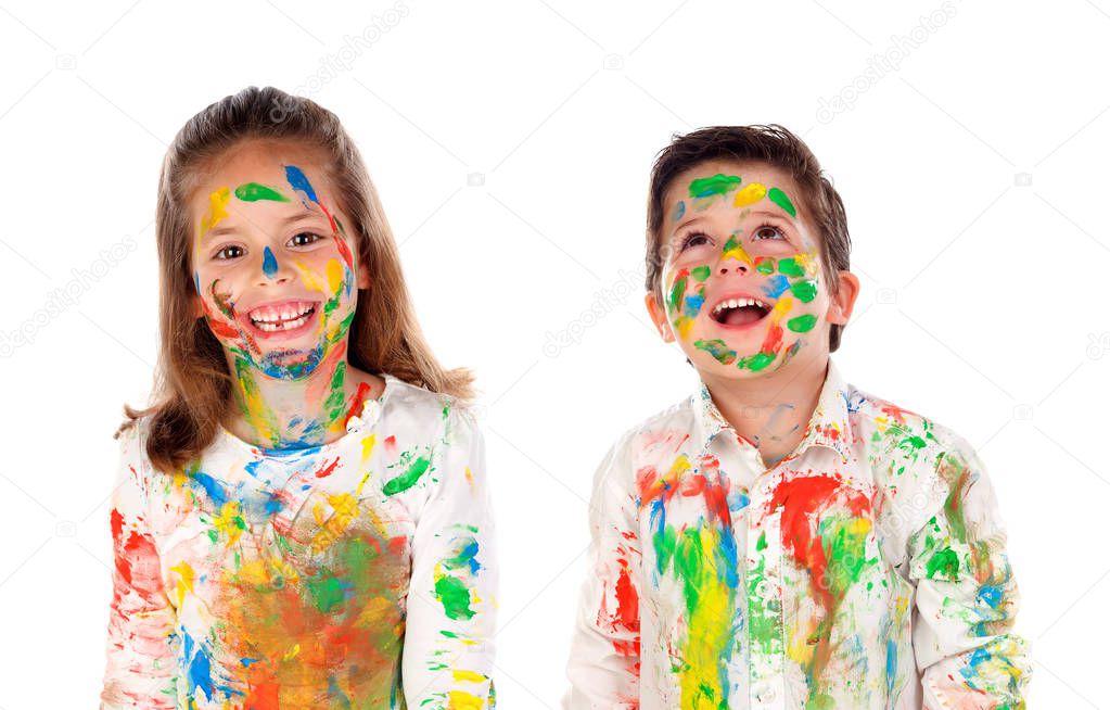 happy children with colorful paint isolated on white background