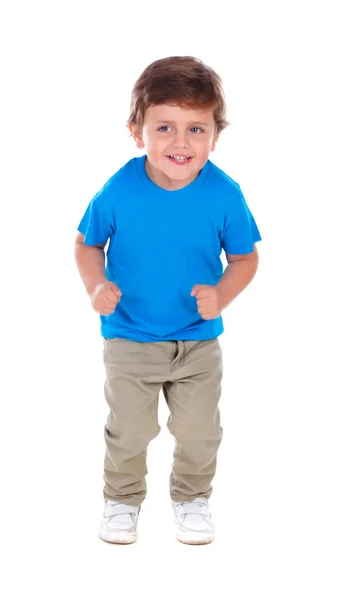 可爱的微笑的小男孩在蓝色 T恤被隔绝在白色背景之下 — 图库照片
