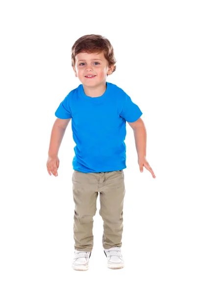 Adorable Niño Sonriente Camiseta Azul Aislado Sobre Fondo Blanco —  Fotos de Stock