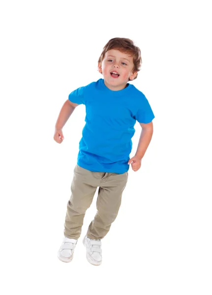 可爱的微笑的小男孩在蓝色 T恤被隔绝在白色背景之下 — 图库照片