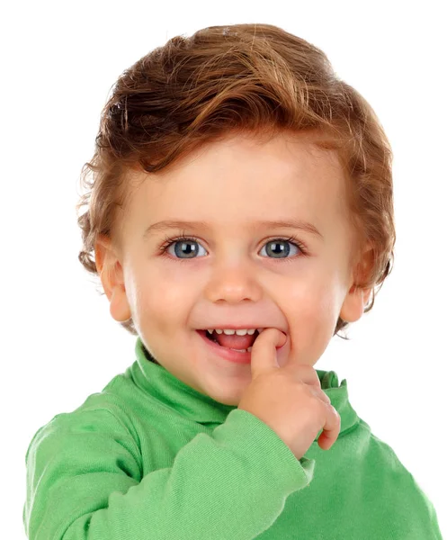 Очаровательный Улыбающийся Маленький Мальчик Зеленой Одежде Изолированы Белом Фоне — стоковое фото