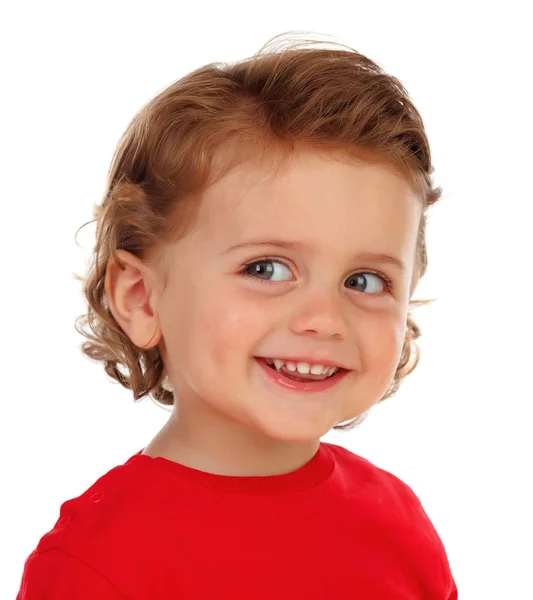 Adorable Smiling Little Boy Red Clothes Isolated White Background — Stock Photo, Image