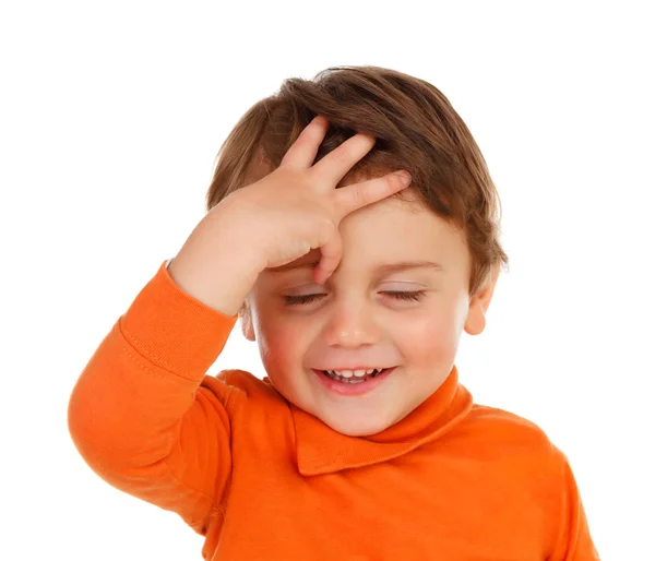 Adorável Sorrindo Menino Roupas Laranja Isolado Sobre Fundo Branco — Fotografia de Stock