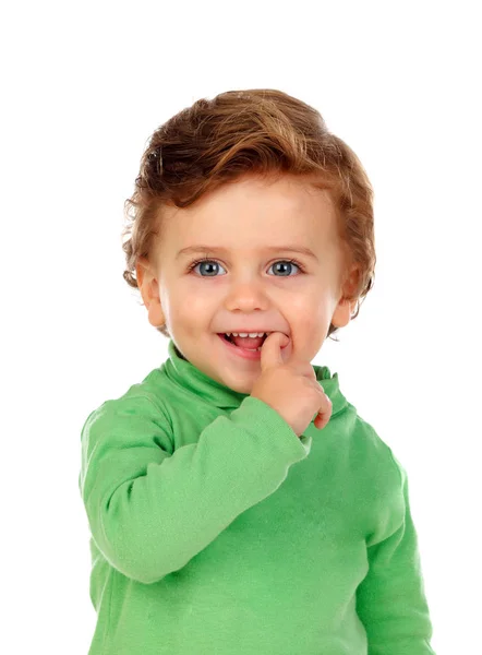 Adorabile Sorridente Bambino Jersey Verde Isolato Sfondo Bianco — Foto Stock