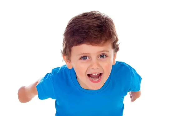 Adorable Smiling Little Boy Blue Shirt Isolated White Background Stock Image