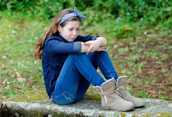 Sad Cute Girl Posing Summer Park Stock Photo