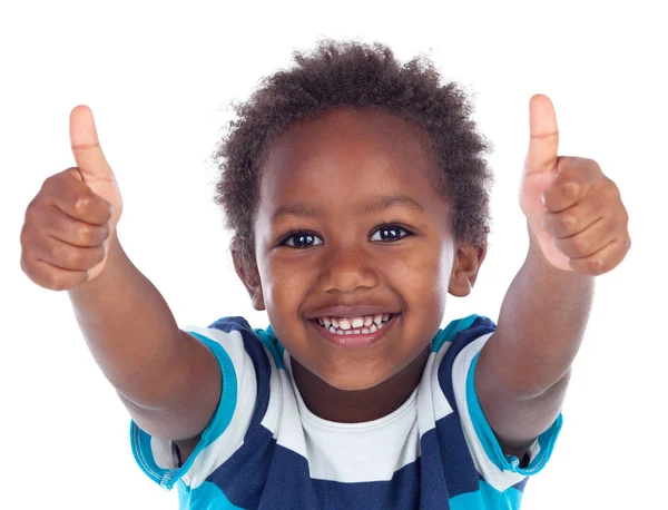 Смішні Щасливі Африканських Маленький Хлопчик Показ Пальцями Вгору Ізольовані Білому — стокове фото