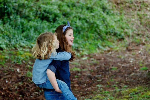 Smiling Little Boy Girl Denim Clothes Having Fun Summer Park — Stock Photo, Image