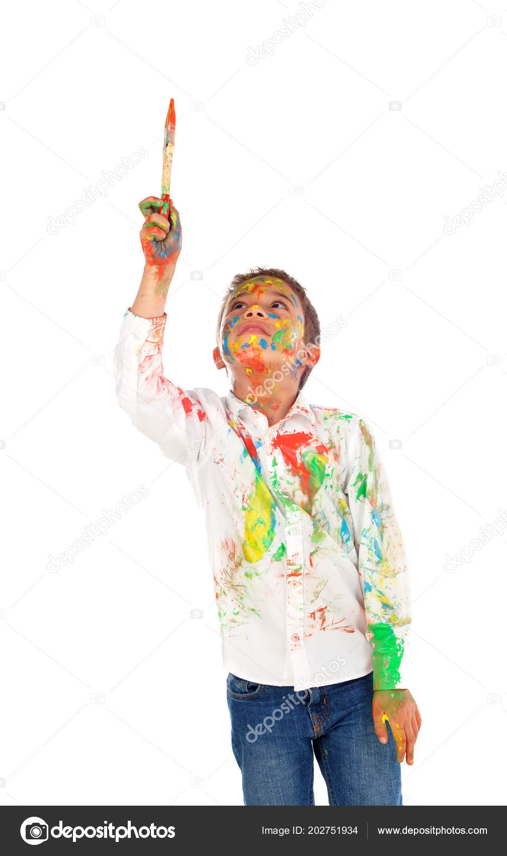 Funny African Boy Face Hands Covered Paint Holding Paint Brush Stock